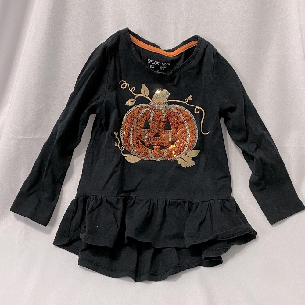 Spooky Night Brand Halloween Pumpkin Sequined Long Sleeved High-Lo Top Size 2T